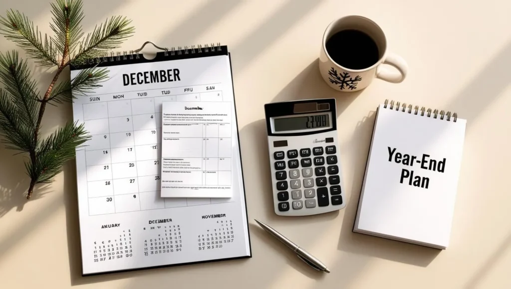 A modern flat-lay desktop with a calendar open to December financial documents calculator
