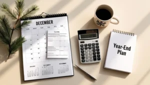 A modern flat-lay desktop with a calendar open to December financial documents calculator