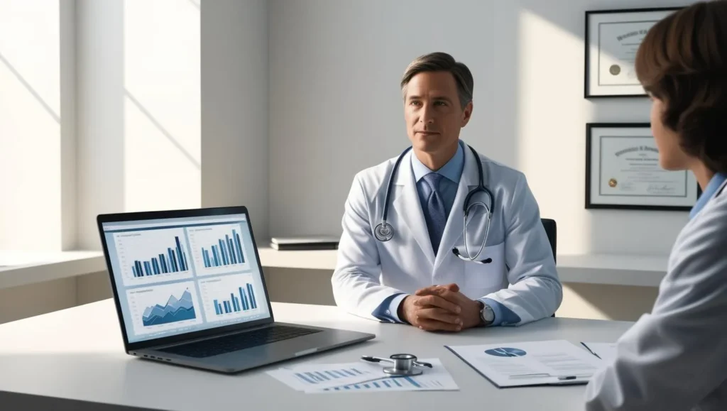 Executive or doctor reviewing financial charts